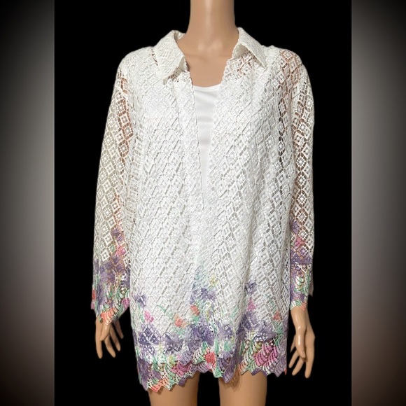 Alfred Dunner Woman Blouse Jacket 20W White Floral Lace Open Front Sheer wb - Picture 2 of 9
